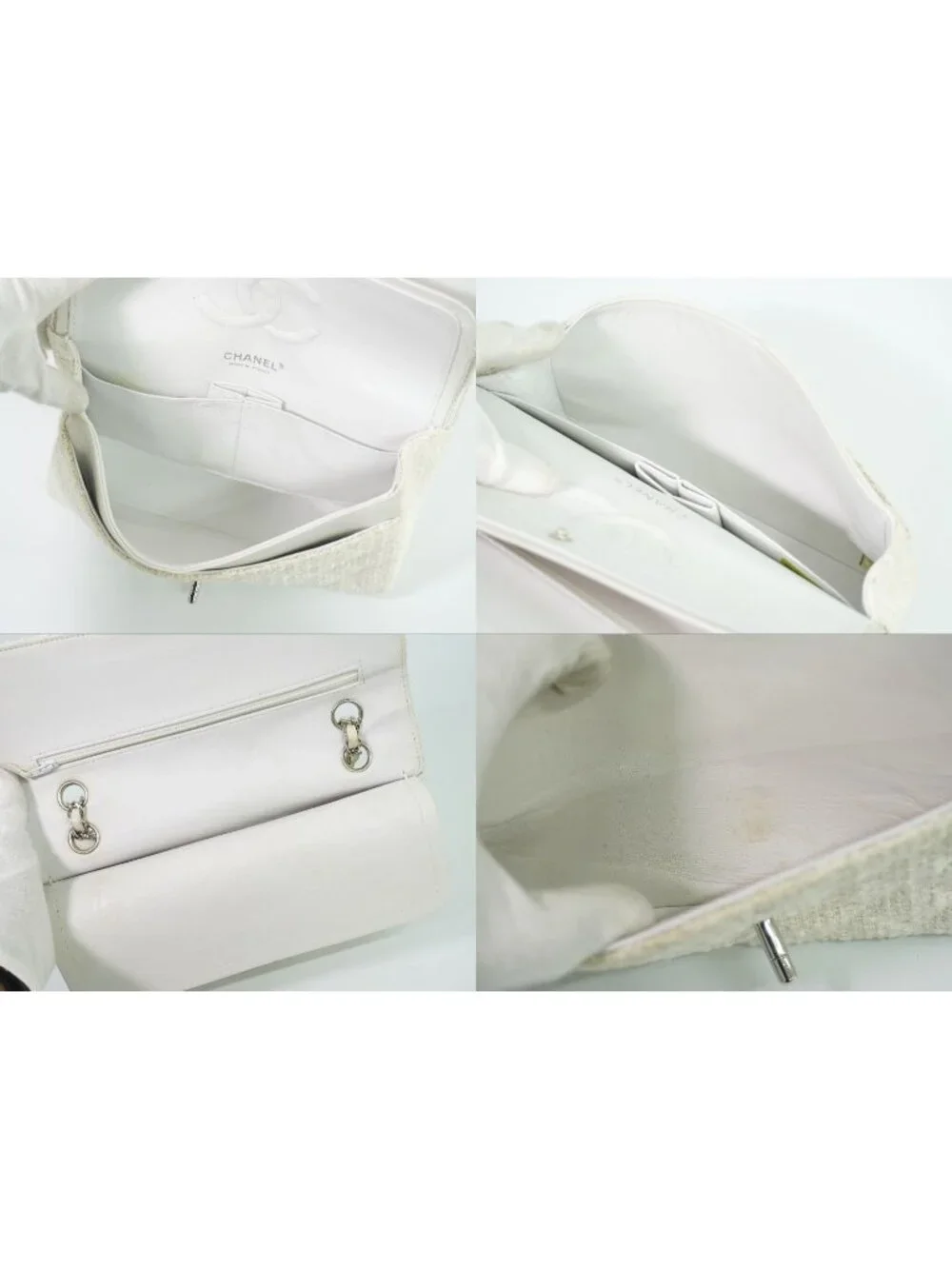 Chanel CC Logo Quilted 25 Double Flap Chain Shoulder Bag Tweed White